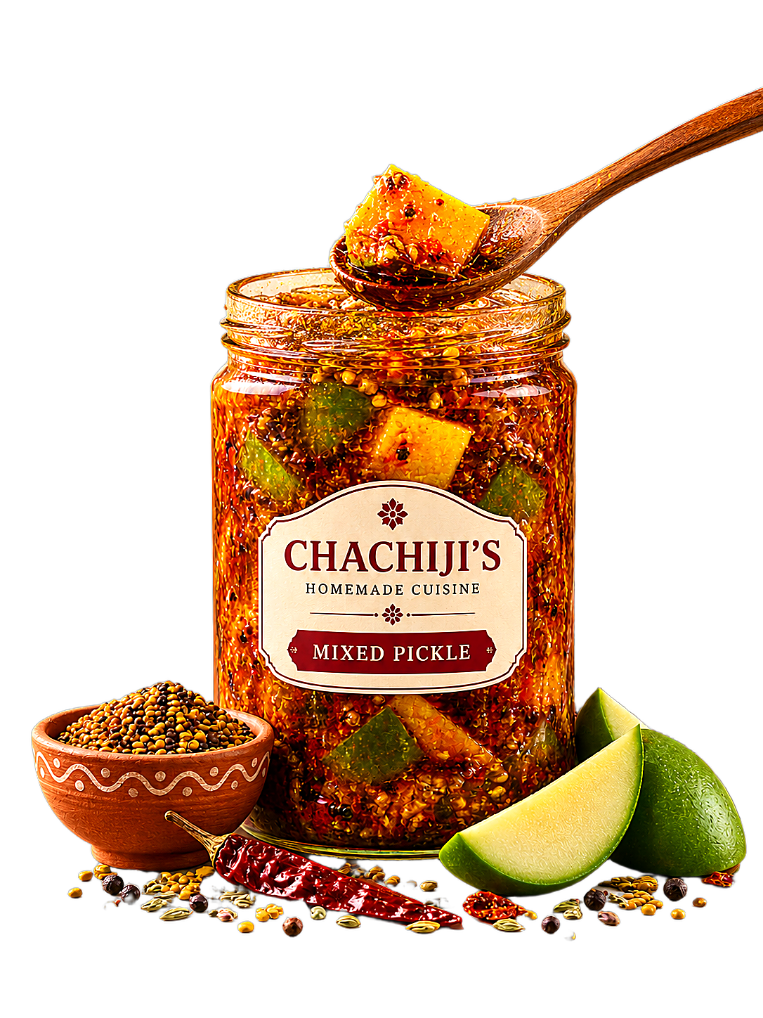 Traditional homemade mixed pickle with fresh ingredients and wooden spoon