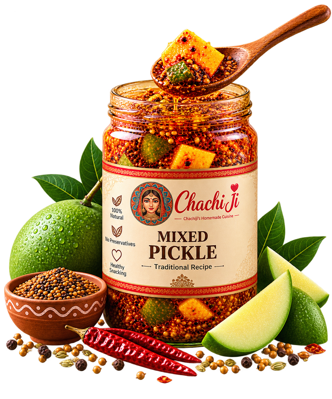 Traditional homemade mixed pickle with fresh ingredients and wooden spoon