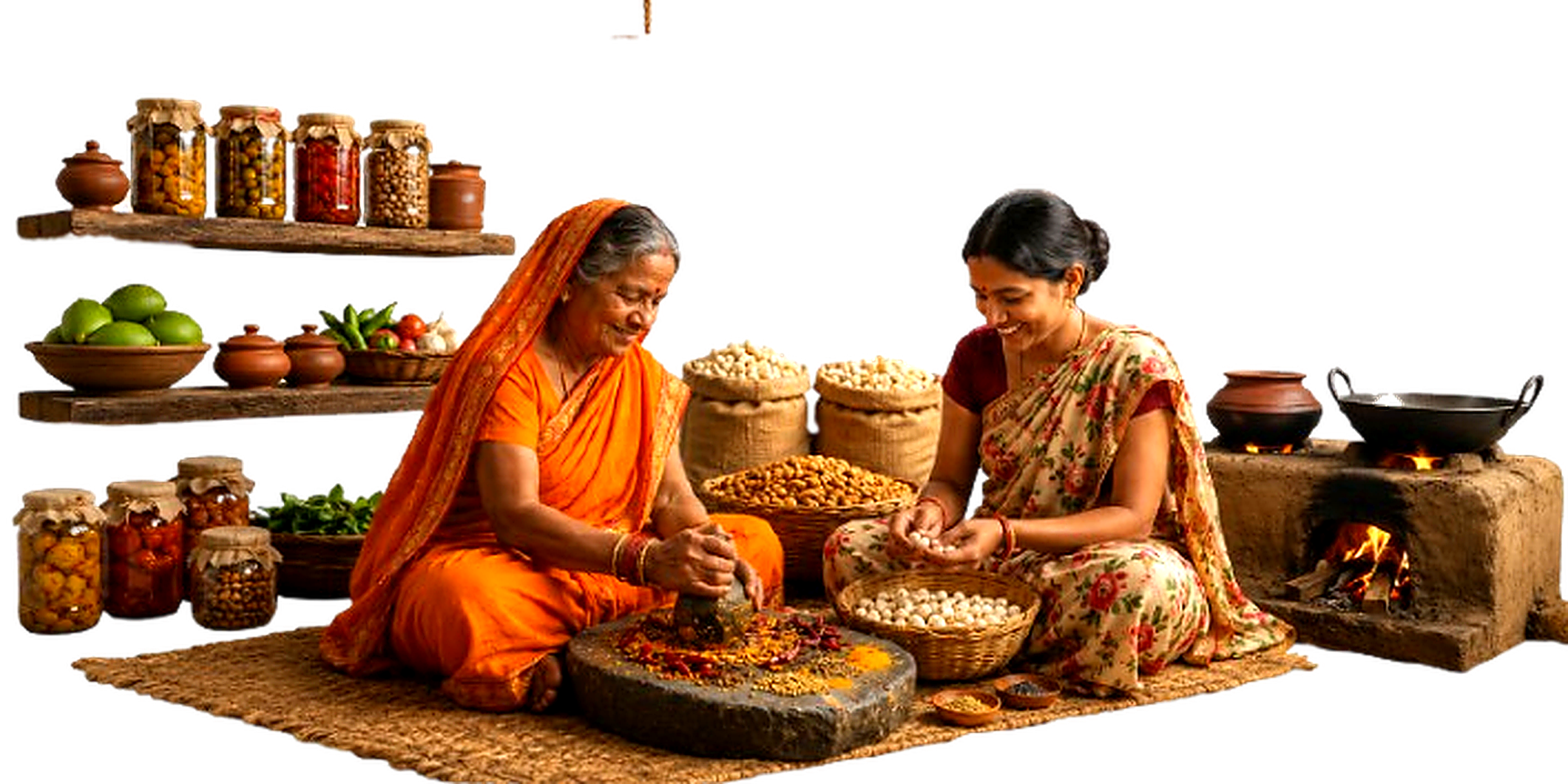 Chachiji Artisans grinding spices on traditional sil-batta and handpicking Mithila makhana