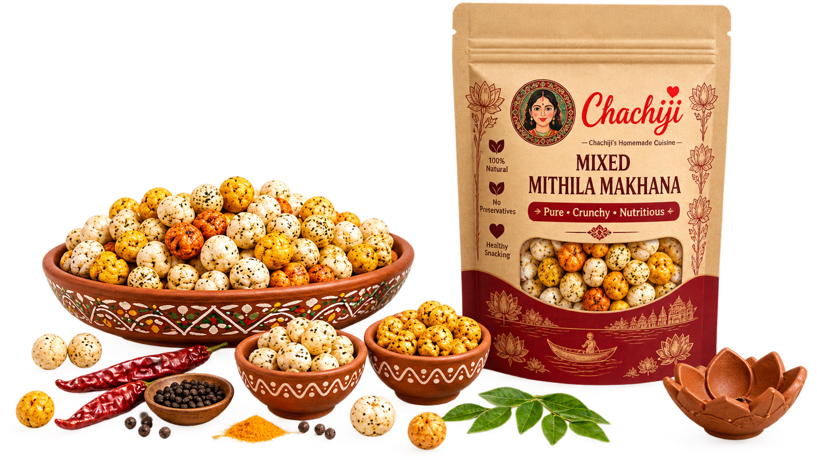 Chachiji's Mixed Mithila Makhana Glass Jar and Madhubani Pottery