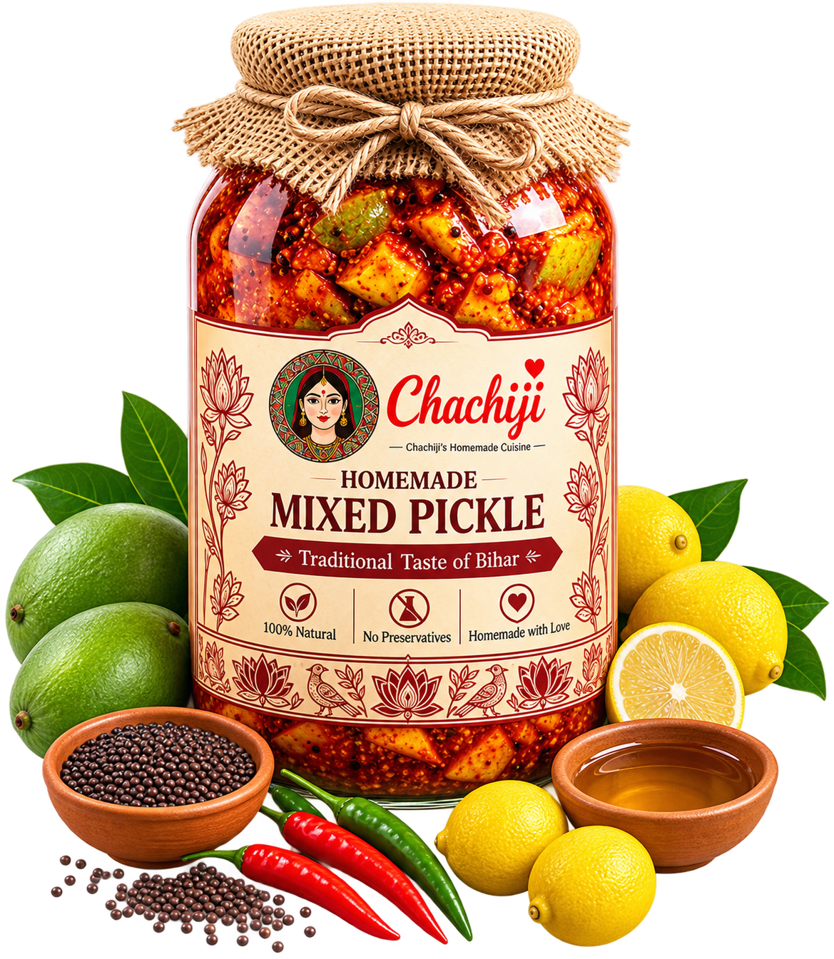 Chachiji's Authentic Handcrafted Mixed Pickle Jar and Bowl