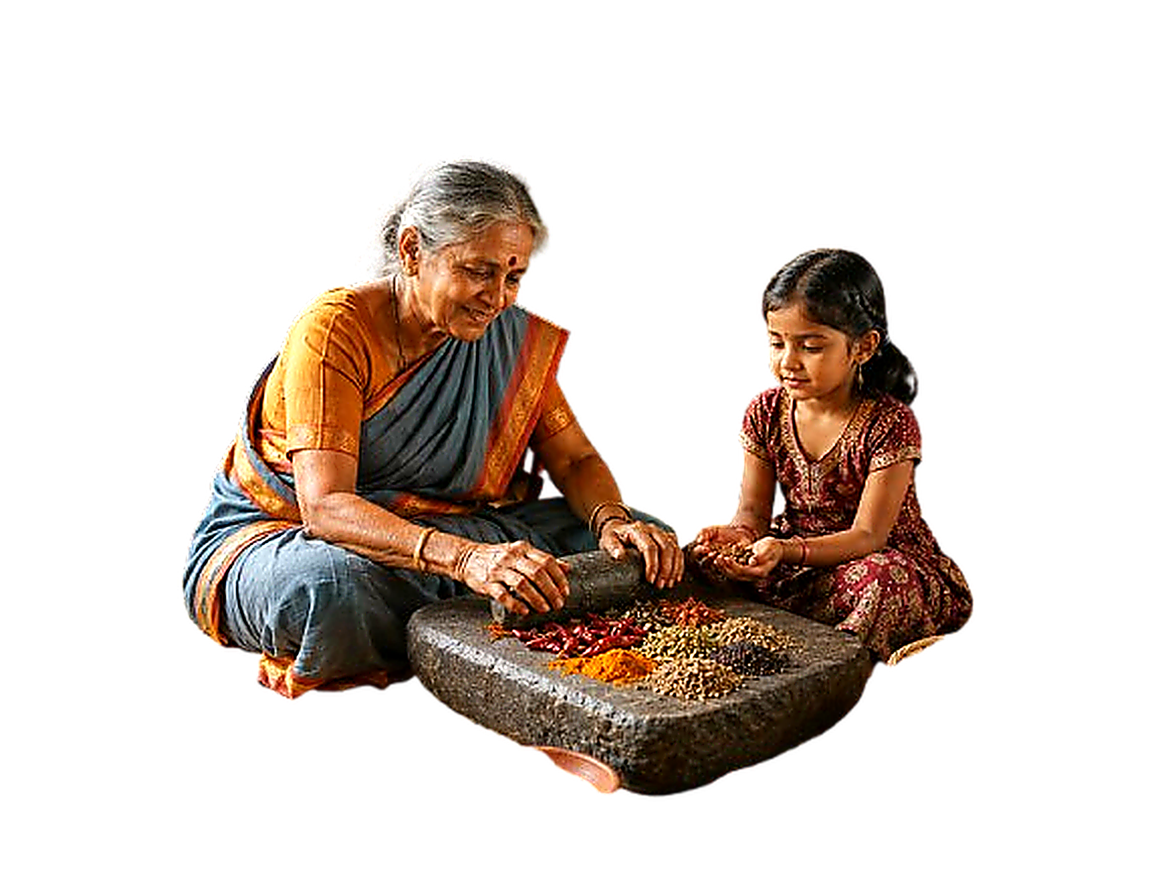 Traditional Grandmother and Child Grinding Heirloom Spices on Stone Sil-Batta